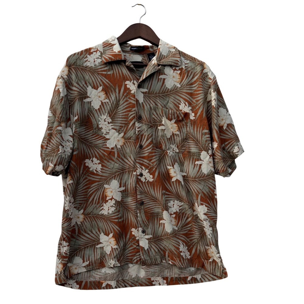 Van Heusen Mens Large Washable Silk Tropical Palm Orchid Floral Camp Shirt Rust